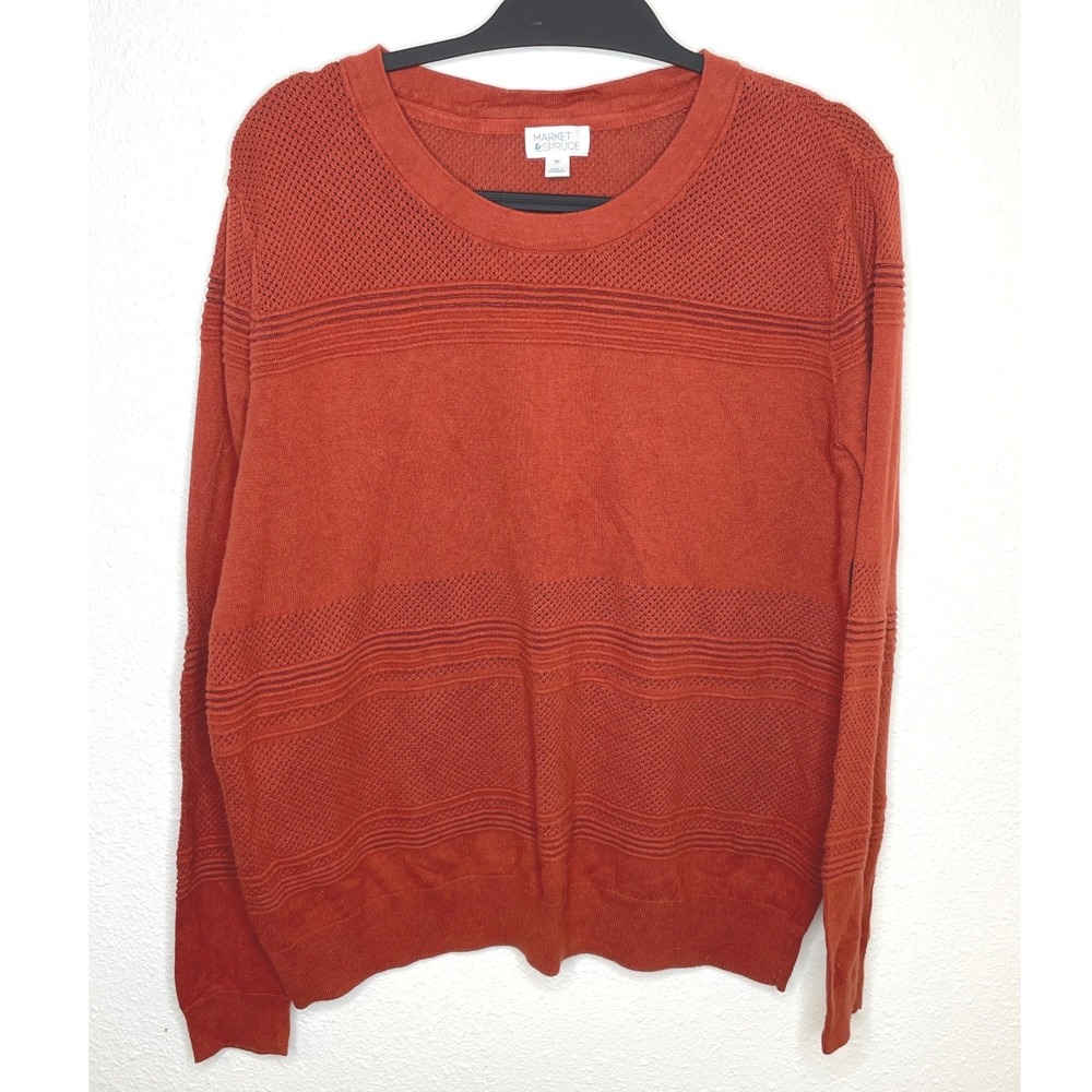 Market & Spruce Women Sweater Pointelle Ribbed Knit XXL Rust Orange